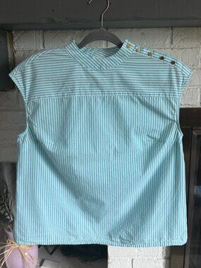 Liz Claiborne Aqua White Stripe Cotton Mock Neck Top Gold Button Medium